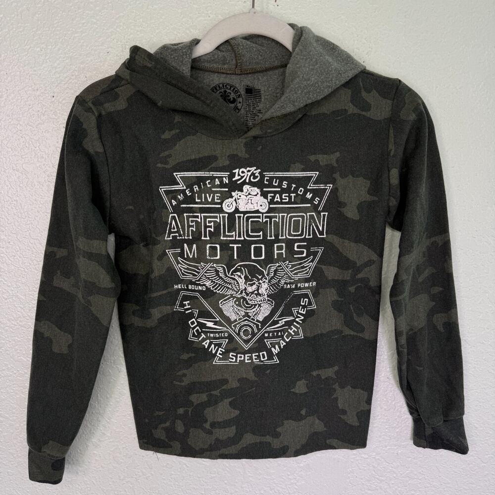 Affliction Hoodie Boys Small Camo AC Alchemist Skull Motorcycle Hoody Grunge Kid